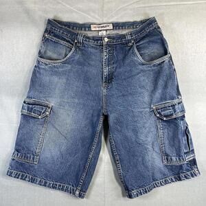 Vintage 90s Anchor Blue Denim Cargo Shorts Mens 38 Blue Wash Jorts Baggy 14"
